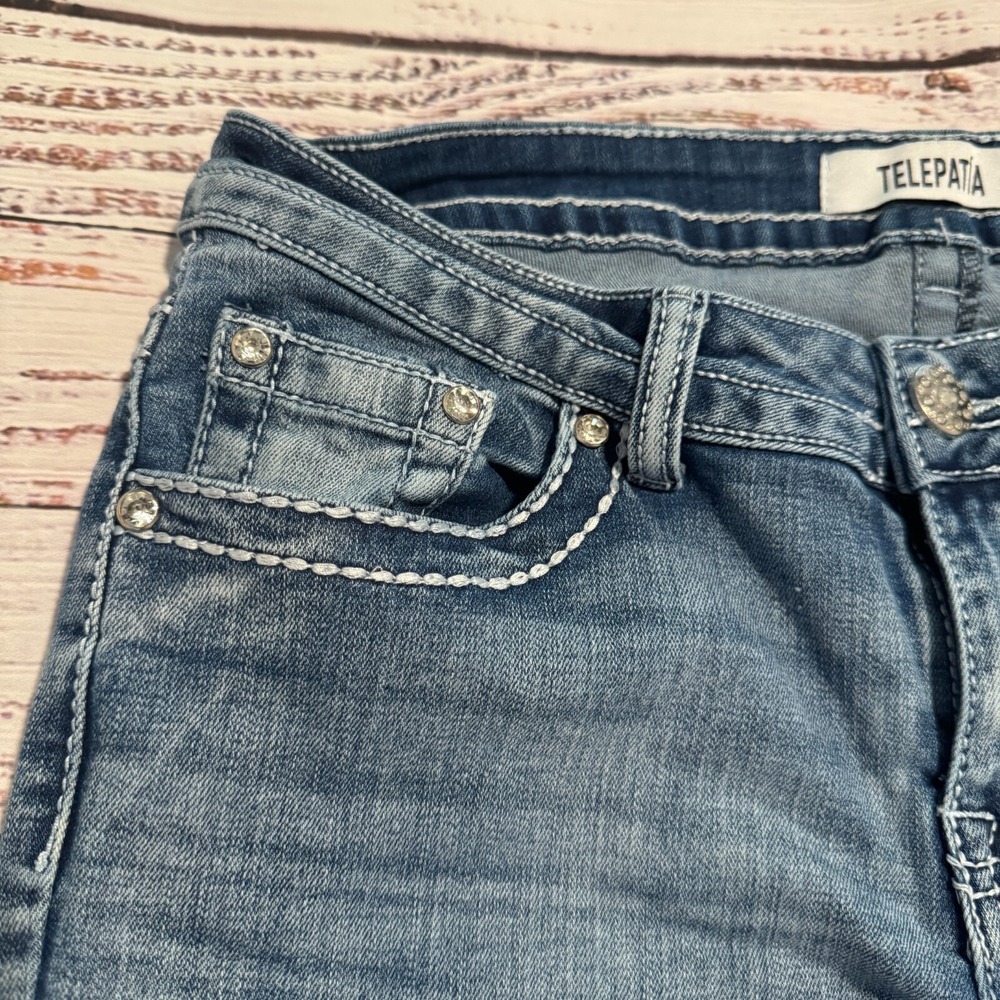 Telepatia Denim Jeans Light Wash Ankle Distressed Flair Womens 5/29 (Fits 27x28) - Picture 3 of 16